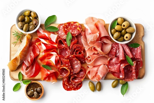 Various cured meats jamon prosciutto salami ham and olives on an antipasto board viewed from above on white background