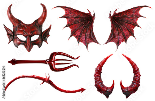 Set collection of devil demon satan red maroon costume accessory, Masquerade mask, wings, trident pitchfork fork, tail, horn on transparent cutout. PNG file. Mockup template for artwork design