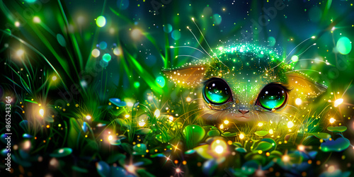 Cute cartoon fantastic green cat, cute little magical beast in the meadow, beautiful postcard