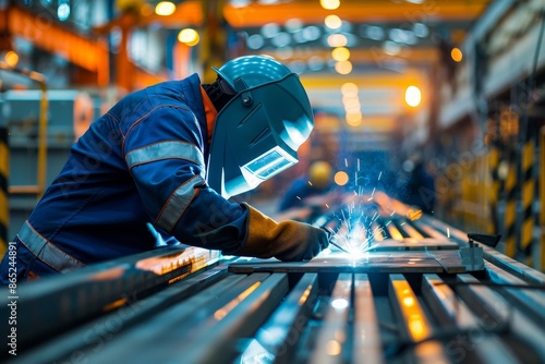 Welder using electrode in MIG welding at production plant