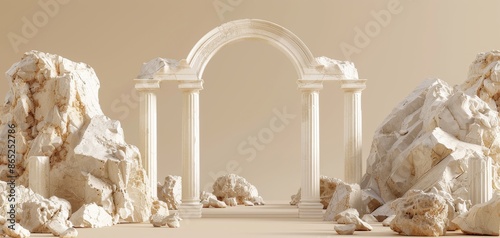 beige background with an arch, ancient Greek columns, and rocks, perfect for minimalistic product presentation