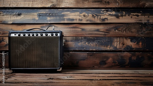 Guitar amplifier on wood table background