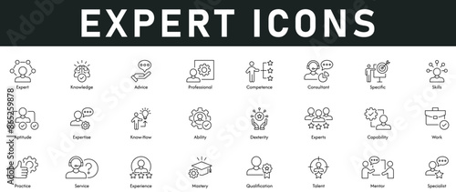 Expert Icons vector illustration with thin line editable stroke contains knowledge, advice, professional, competence, skill, expertise, ability, capability, work, practice, service, experience, talent