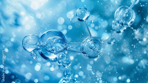 The cosmetics hydro essence water is used for moisturizing. A liquid splash bubble or chemical structure is shown on a water background. Cosmetics hydro power treatment. Purifying natural products.