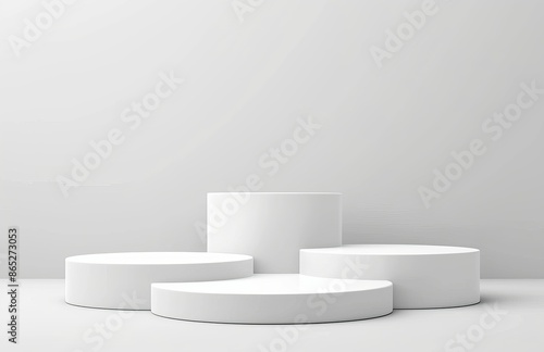 4 white circle pedestal podium products floating on a luxury floor