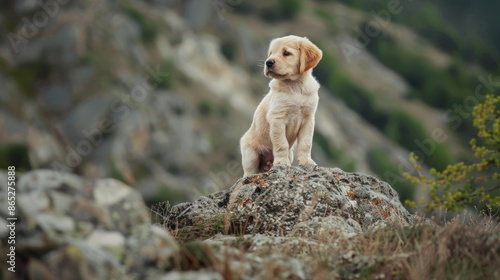 Puppy exploring a rocky outcrop in the hills