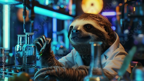 A sloth in a lab coat carefullyæ»´å®šå™¨ðŸ§ªa test tube. The sloth is wearing a serious expression and is focused on the task at hand.