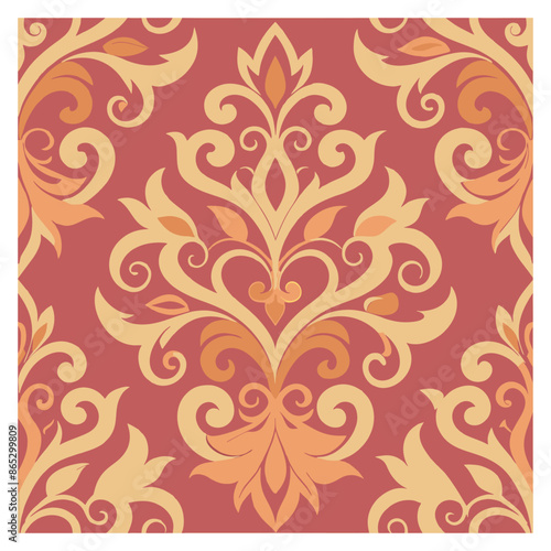 Elegant seamless floral pattern with ornate, swirling motifs in soft peach and beige on a rich red background. Perfect for textiles, wallpapers, and backgrounds