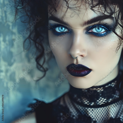 A portrait of a woman with dark makeup, close up, face forward, woman wearing lacey shirt, bright blue eyes and curly hair