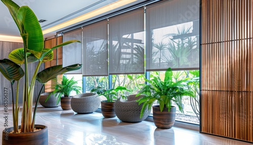 Large automatic solar shades on windows complement roller blinds Modern wood decor panels on walls enhance the interior Hi tech flower pots hold plants Electri