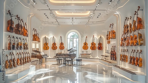 A complete, magnificent, luxurious musical instrument shop with a bright room with white walls. Generative AI.