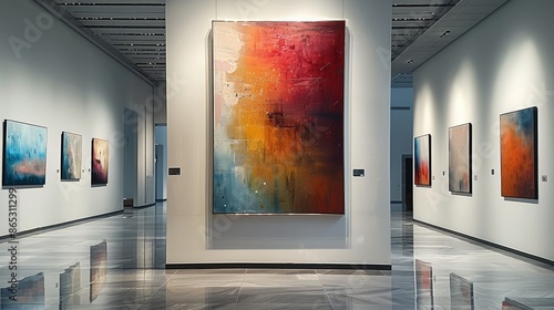 A modern and abstract painting hanging on the white wall of the art exhibition hall. Generative AI.