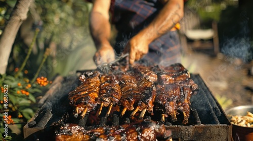 In a backyard garden a cook tends to a pit of roasting javelina basting it with a homemade barbecue sauce made with foraged berries.