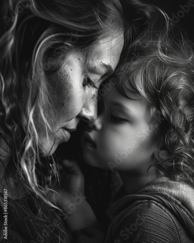 The innocence of childhood beautifully juxtaposed against the strength and tenderness of a mother in this monochrome composition. Black and white art