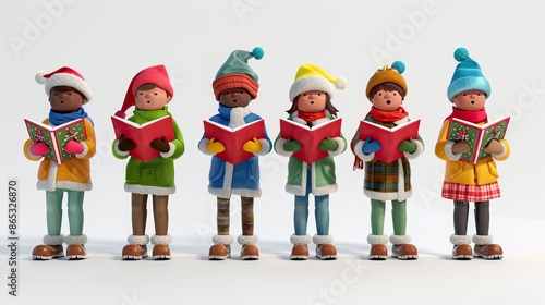 A group of six cartoon children in winter clothes are singing from hymnals with a white background