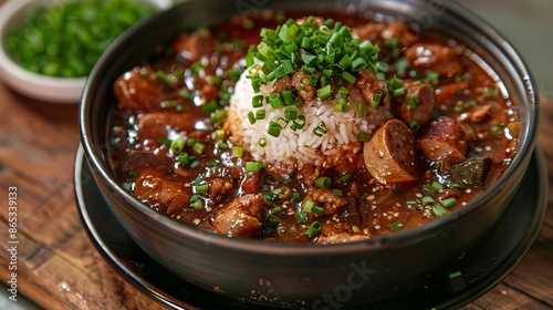 Cajun chicken and sausage gumbo and a ball of rice in the middle of the bowl