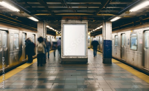 Realistic 3D render illustration of a mock-up media template displaying ads in subway station with a moving train in the background.