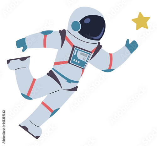 Spaceman reaching star. Space travel. Person in spacesuit