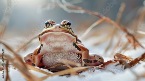 Frog on white surface with brown grass