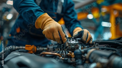 A car repair engineer is working in the garage