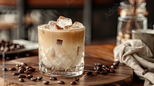 Chilled oatmilk latte with ice cubes in a stylish glass, with coffee beans on the side