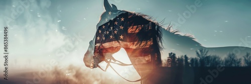 Striking digital double exposure composite image blending the majestic form of a gallant horse with the silhouette of an Air Force fighter pilot,creating a powerful symbol of patriotism.