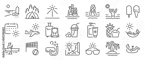 Summer icon set. It includes season, holiday, vacation, travel, tourism, and more icons. Editable Vector Stroke.