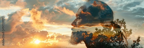 Double exposure of a revered sage and a serene sunrise,highlighting the spiritual belief and search for enlightenment. The image conveys a sense of tranquility,wisdom.
