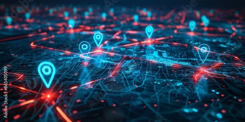 Futuristic City Map with Glowing Digital Pins