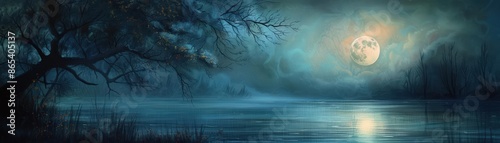 Artistic representation of a calm, moonlit night with a gentle lullaby visualized through soft, flowing colors and shapes