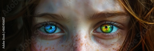 Heterochromia in humans. Portrait macro close-up of girl's eyes with different irises. Green and blue eye, different retinas.
