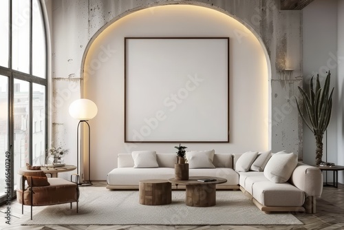 diseño interior. salón luminoso con sofá blanco y decoración minimalista