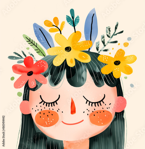 Enfant apaisé avec fleurs et plantes en illustration bohème