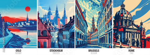 Set of european city posters including oslo stockholm brussels rome