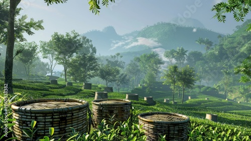 Green tea plantation with bamboo baskets outstanding in the morning.