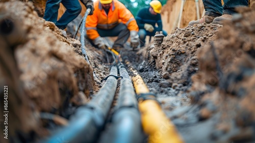 A group of workers are digging a trench and laying down cables. The workers are wearing orange and yellow clothing