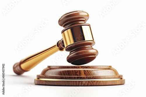 A detailed depiction of a gavel and sound block, symbolizing justice, isolated on a pristine white background