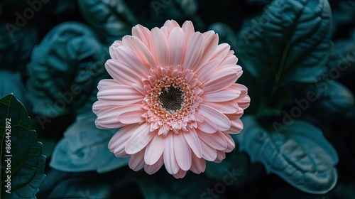 Close-up of a light pink gerbera flower with a dark natural background. Leave space for text