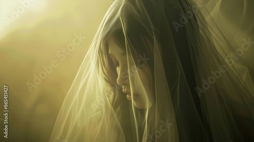 a mysterious woman in a sheer veil face partially obscured gazes enigmatically soft ethereal lighting enhances the allure with muted colors and a dreamy atmosphere creating an air of intrigue