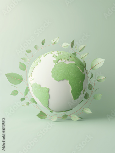 Eco-friendly world model with green leaves symbolizing sustainability and environmental conservation on a pastel background.