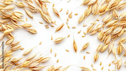 Scattered oat grains on a white background, showcasing the texture and detail of the oats in a natural, minimalistic style.