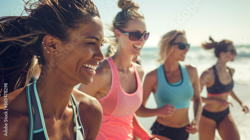  group of women engaged in a physically active and healthy lifestyle by the beach, outdoor, sports, exercise, summer time, physical fitness, jogging.