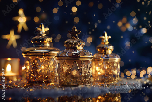 Elegant close-up of the Three Kings' gifts, detailed gold, frankincense, and myrrh containers, set against a backdrop of starry night and a guiding star, Feast of the Epiphany