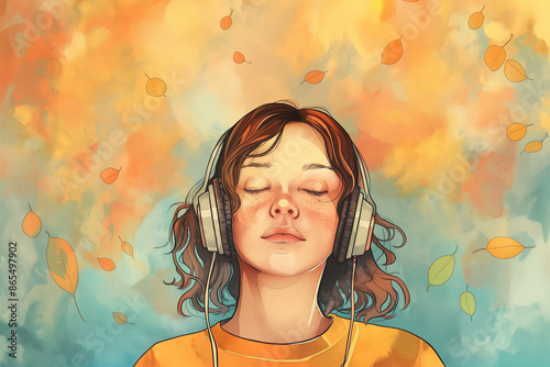 Artistic depiction of an introvert listening to music with headphones, eyes closed, enjoying their personal space, emphasizing the joy of solitary activities