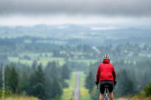 Cyclist stopping to admire the view from Mount Tabor Park, cityscape in the distance, [hilltop ride], [panoramic view]