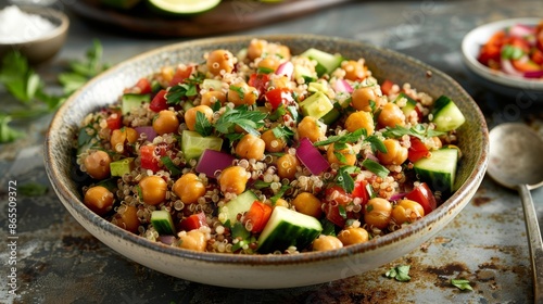 A flavorful and hearty grain salad featuring quinoa roasted chickpeas and a variety of herbs and vegetables all tossed in a zesty avocado oil vinaigrette.