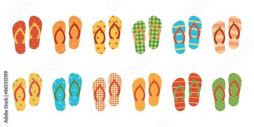 Set of colored flip flops with different patterns. Slippers collection for vacation. Beach sandals. Vector flat illustration isolated on white background