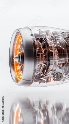 Closeup of a jet engine with transparent casing revealing internal components.