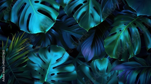 lush tropical leaves illuminated with mesmerizing blue and green hues abstract background
