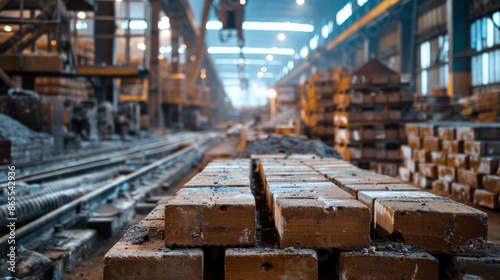 Close-up of stacked bricks in a brickyard